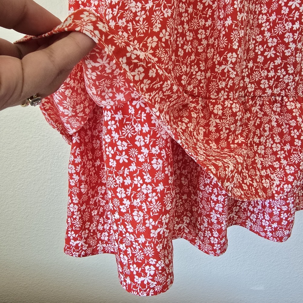Lauren Conrad Women Sz S Peasant Mini Dress Ditsy Floral Tier Red Boho Tie Front - Picture 5 of 11